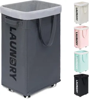 Goodpick Laundry Basket with Wheels, 75L Collapsible Laundry Hamper, Clothes Hamper with Removable Wash Bag for Laundry Room, Rolling Laundry Basket with Handles, Grey