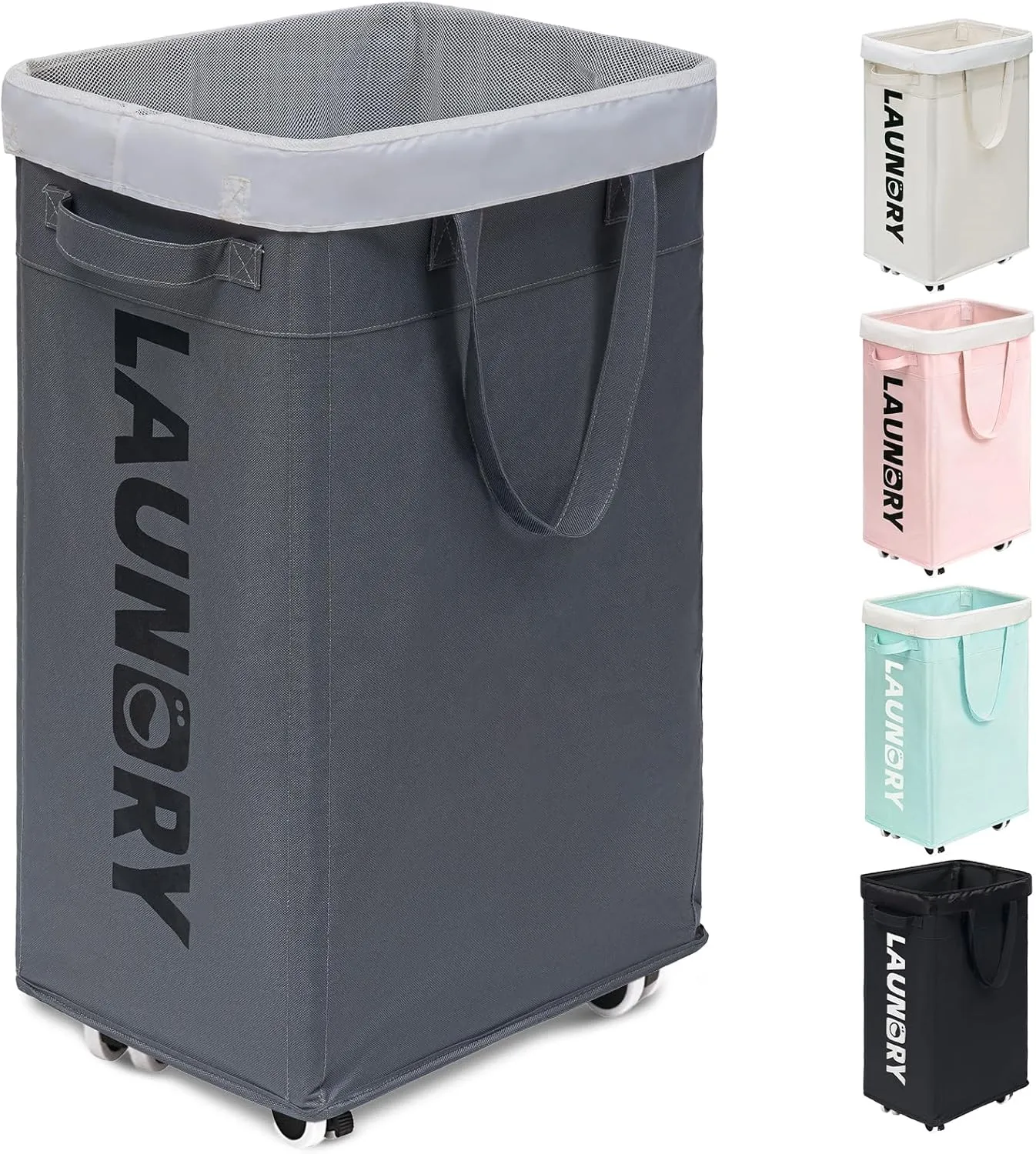Goodpick Laundry Basket with Wheels, 75L Collapsible Laundry Hamper, Clothes Hamper with Removable Wash Bag for Laundry Room, Rolling Laundry Basket with Handles, Grey