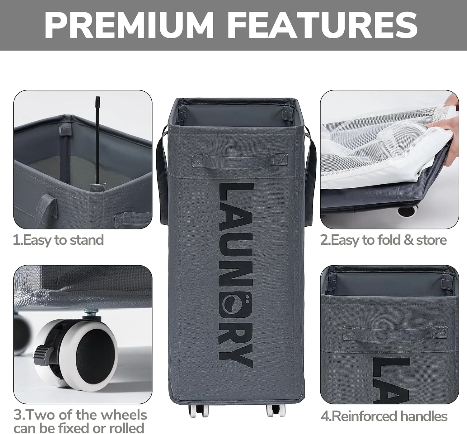 Goodpick Laundry Basket with Wheels, 75L Collapsible Laundry Hamper, Clothes Hamper with Removable Wash Bag for Laundry Room, Rolling Laundry Basket with Handles, Grey