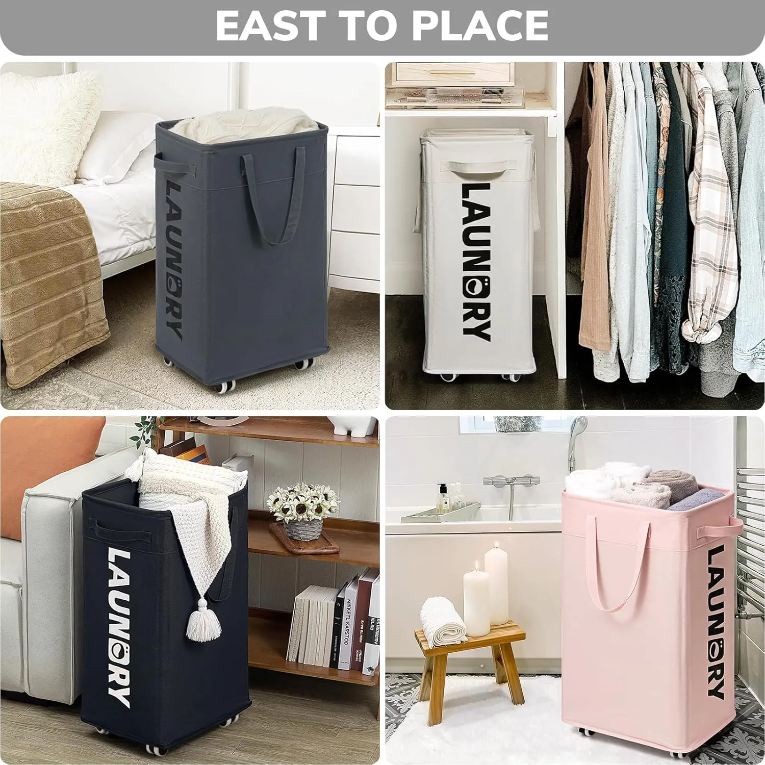 Goodpick Laundry Basket with Wheels, 75L Collapsible Laundry Hamper, Clothes Hamper with Removable Wash Bag for Laundry Room, Rolling Laundry Basket with Handles, Grey