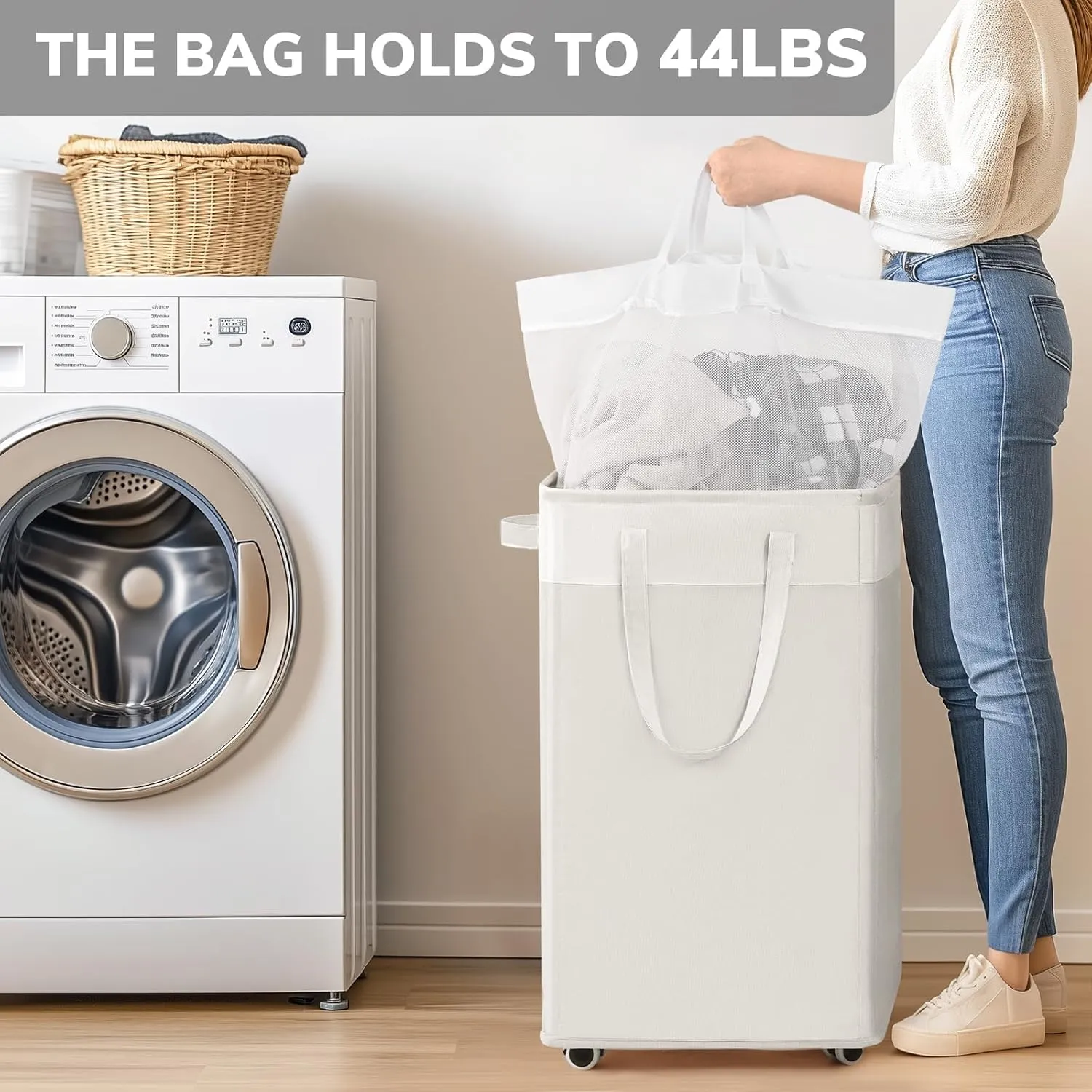Goodpick Laundry Hamper with Wheels, 75L Hamper with Wheels, Clothes Hamper with Removable Wash Bag for Bedroom, Large Laundry Basket with Handle, White