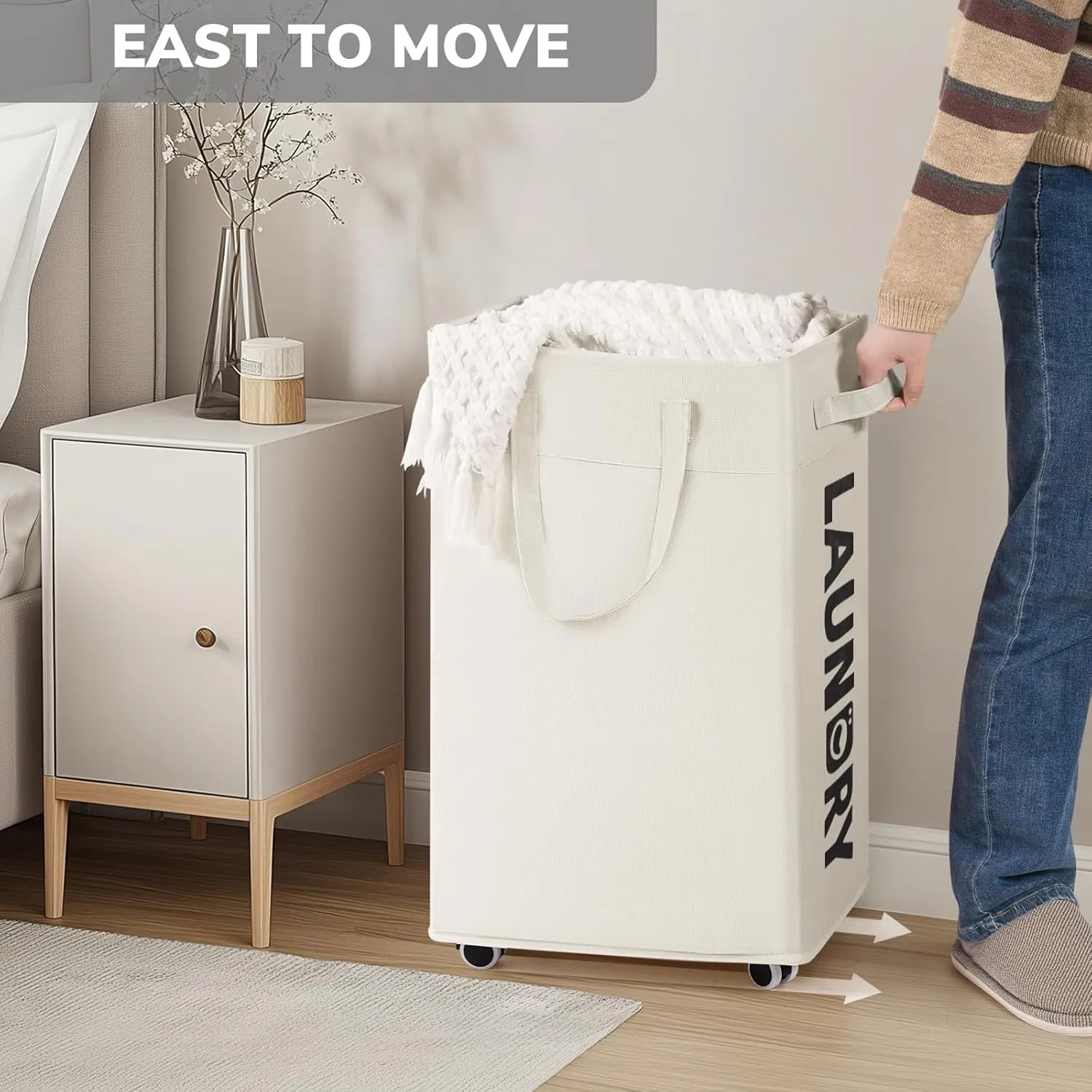 Goodpick Laundry Hamper with Wheels, 75L Hamper with Wheels, Clothes Hamper with Removable Wash Bag for Bedroom, Large Laundry Basket with Handle, White