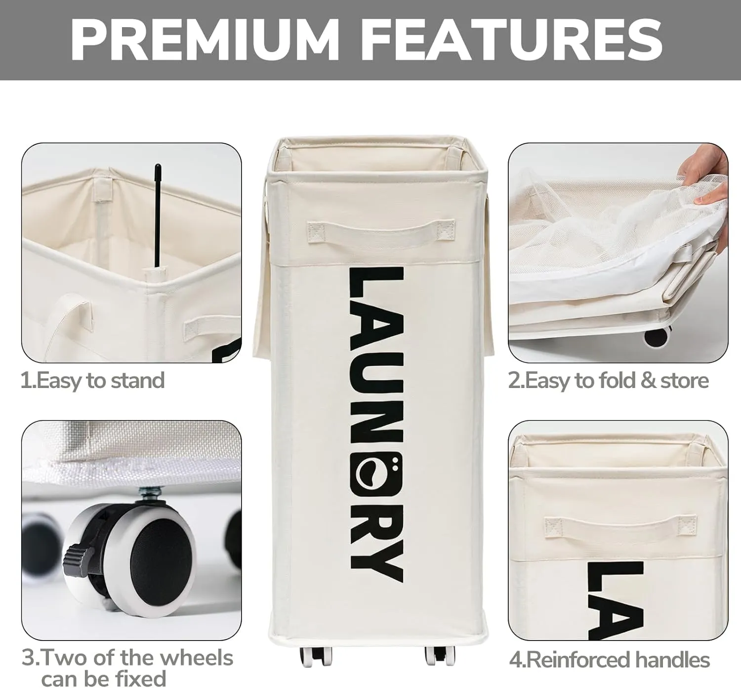 Goodpick Laundry Hamper with Wheels, 75L Hamper with Wheels, Clothes Hamper with Removable Wash Bag for Bedroom, Large Laundry Basket with Handle, White