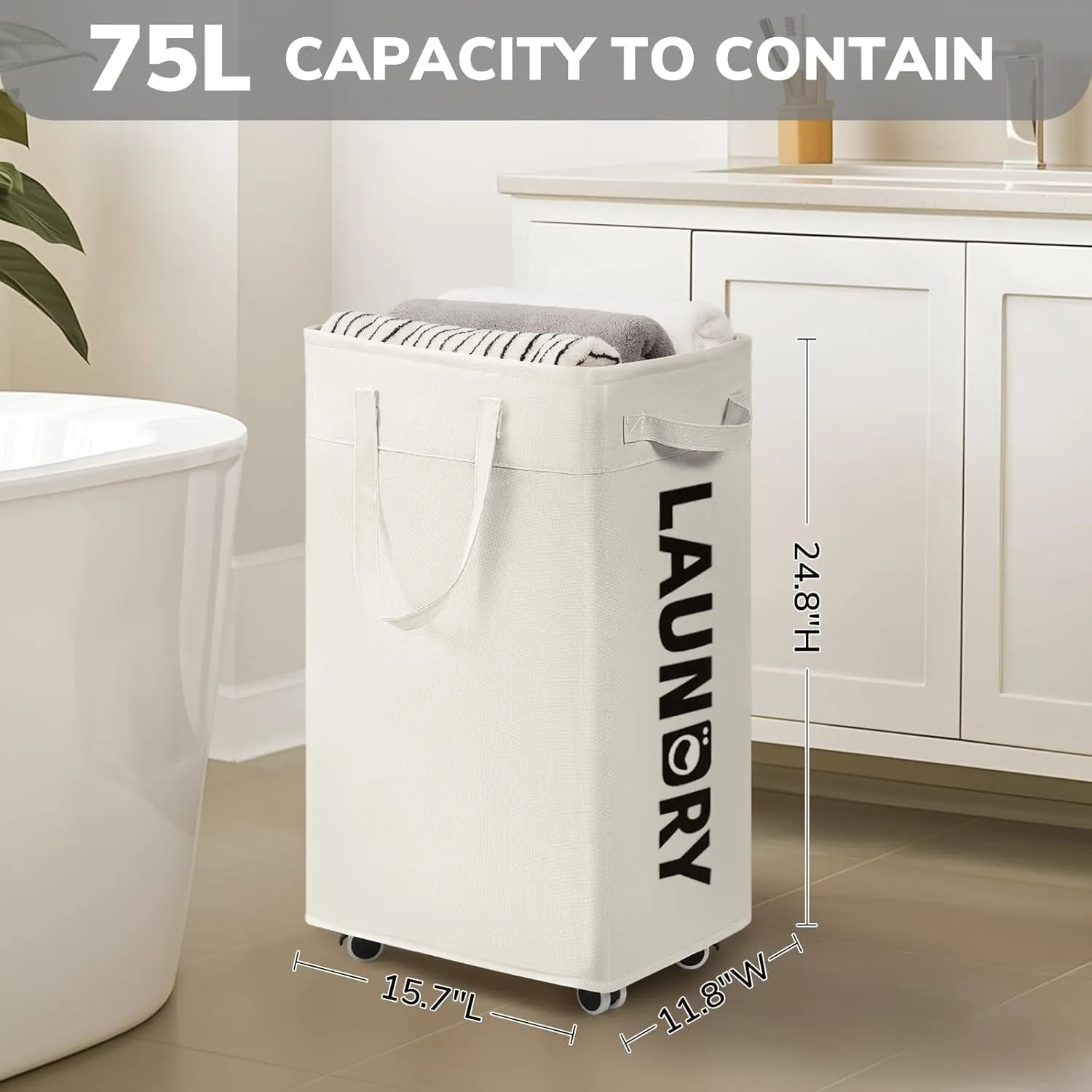 Goodpick Laundry Hamper with Wheels, 75L Hamper with Wheels, Clothes Hamper with Removable Wash Bag for Bedroom, Large Laundry Basket with Handle, White