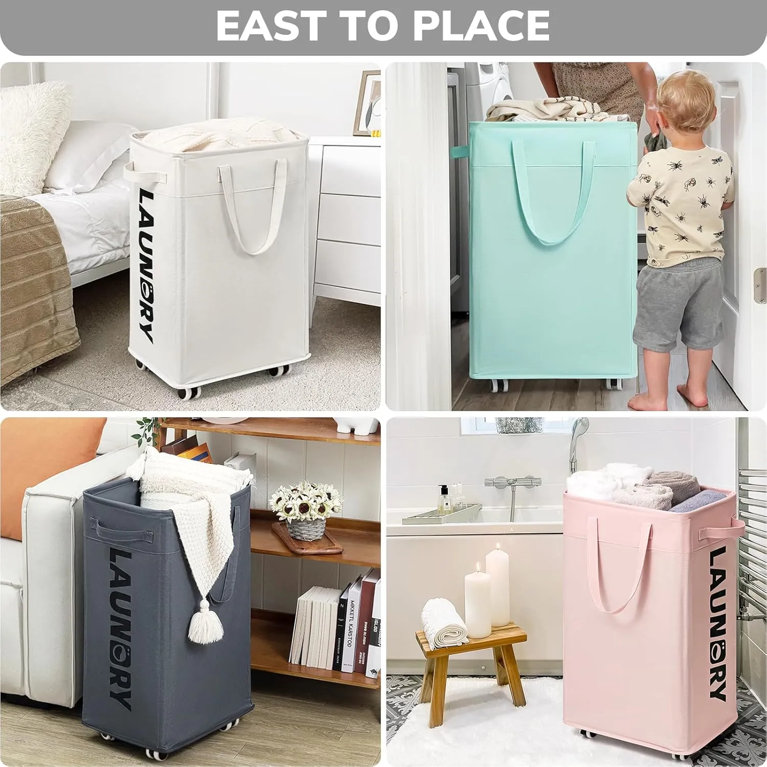 Goodpick Laundry Hamper with Wheels, 75L Hamper with Wheels, Clothes Hamper with Removable Wash Bag for Bedroom, Large Laundry Basket with Handle, White