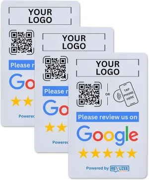 Google Review Tap Card (3 Pack) with QR Code and your Custom Logo | NFC and Custom QR Code Sign for Business | Includes Analytics and Customizable Landing Page | White