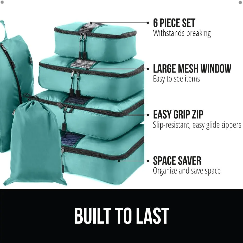 GORILLA GRIP 6 Set Packing Cubes, Travel Essentials for Suitcase, Mesh Organizer Bags for Clothes Toiletries Shoes and Laundry Luggage and Carry On Airplane Accessories, Traveling Must Haves Turquoise