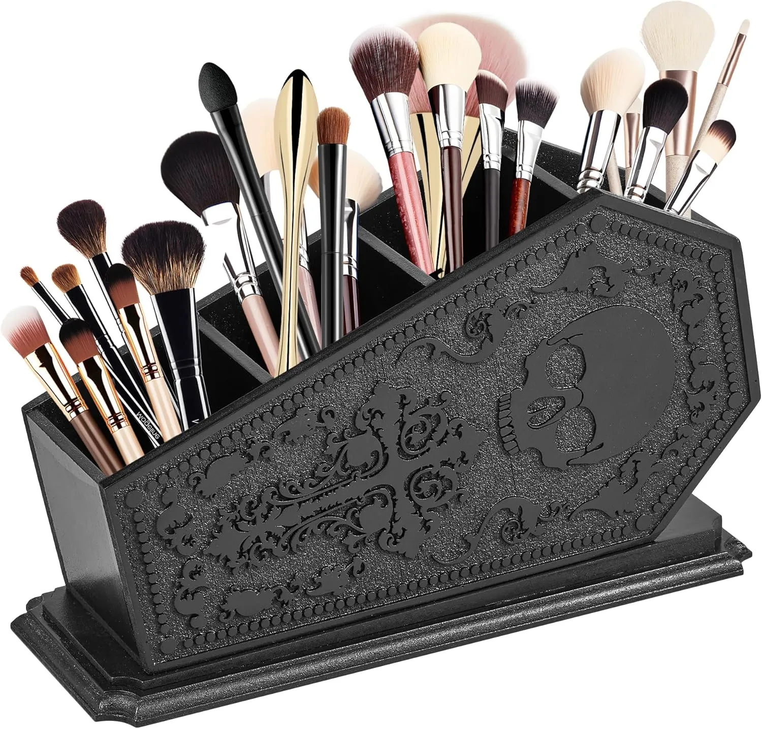 Gothic Coffin Decor Makeup Brush Holder,Spooky Witchy Gifts for Women,Skull Cosmetic Display Cases,Goth Decor Pen Holder, Vanity, Desk, Office Organizer for Bedroom Bathroom (Coffin Holder-Black)
