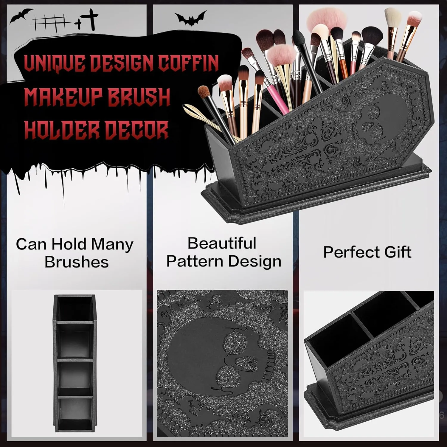 Gothic Coffin Decor Makeup Brush Holder,Spooky Witchy Gifts for Women,Skull Cosmetic Display Cases,Goth Decor Pen Holder, Vanity, Desk, Office Organizer for Bedroom Bathroom (Coffin Holder-Black)