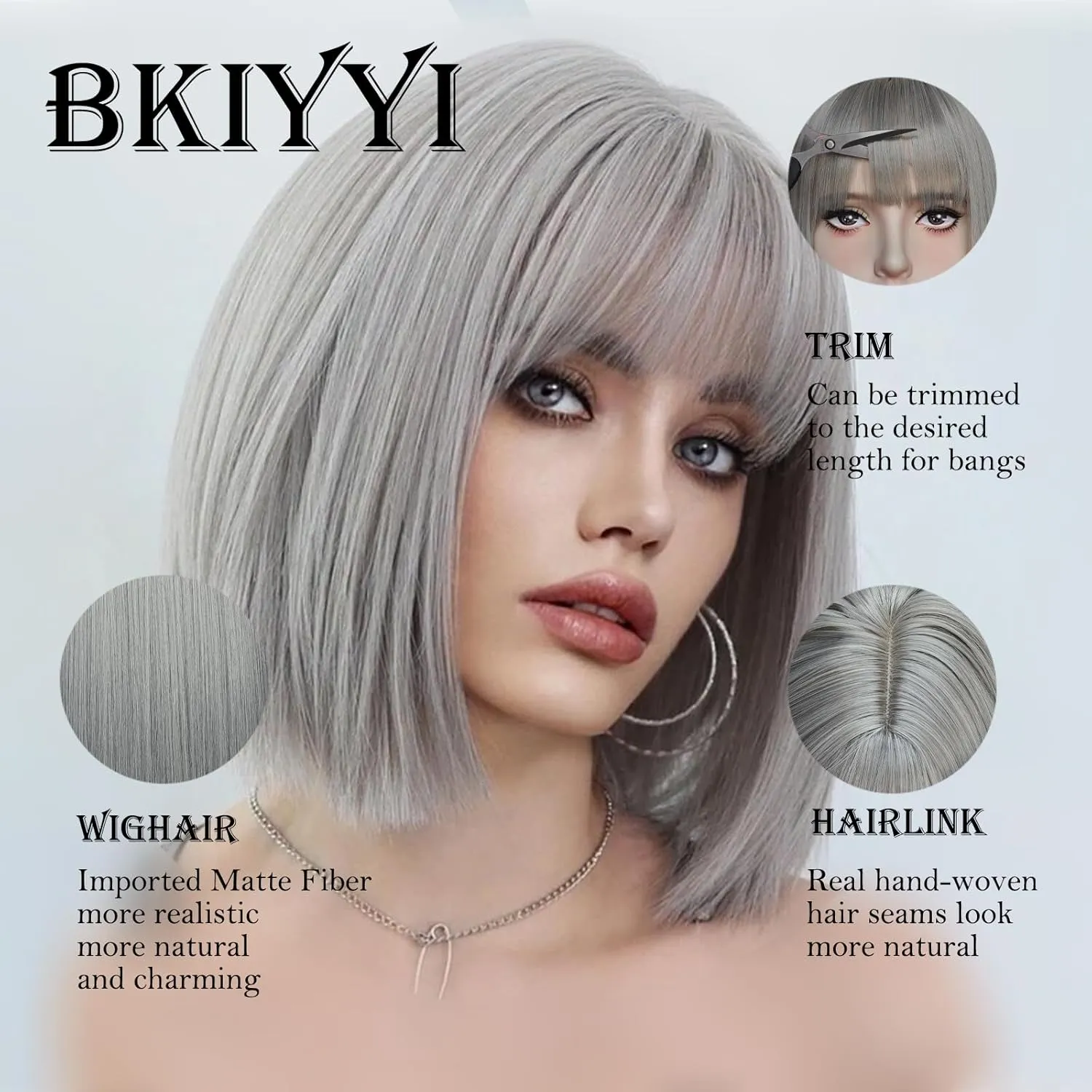 Gray Bob Wig with Bangs Short Gray Straight wig for Women Heat Resistant Synthetic Natural Hair Wig Colorful Bob Wigs for Grils Daily Party Halloween Cosplay Use 13inch