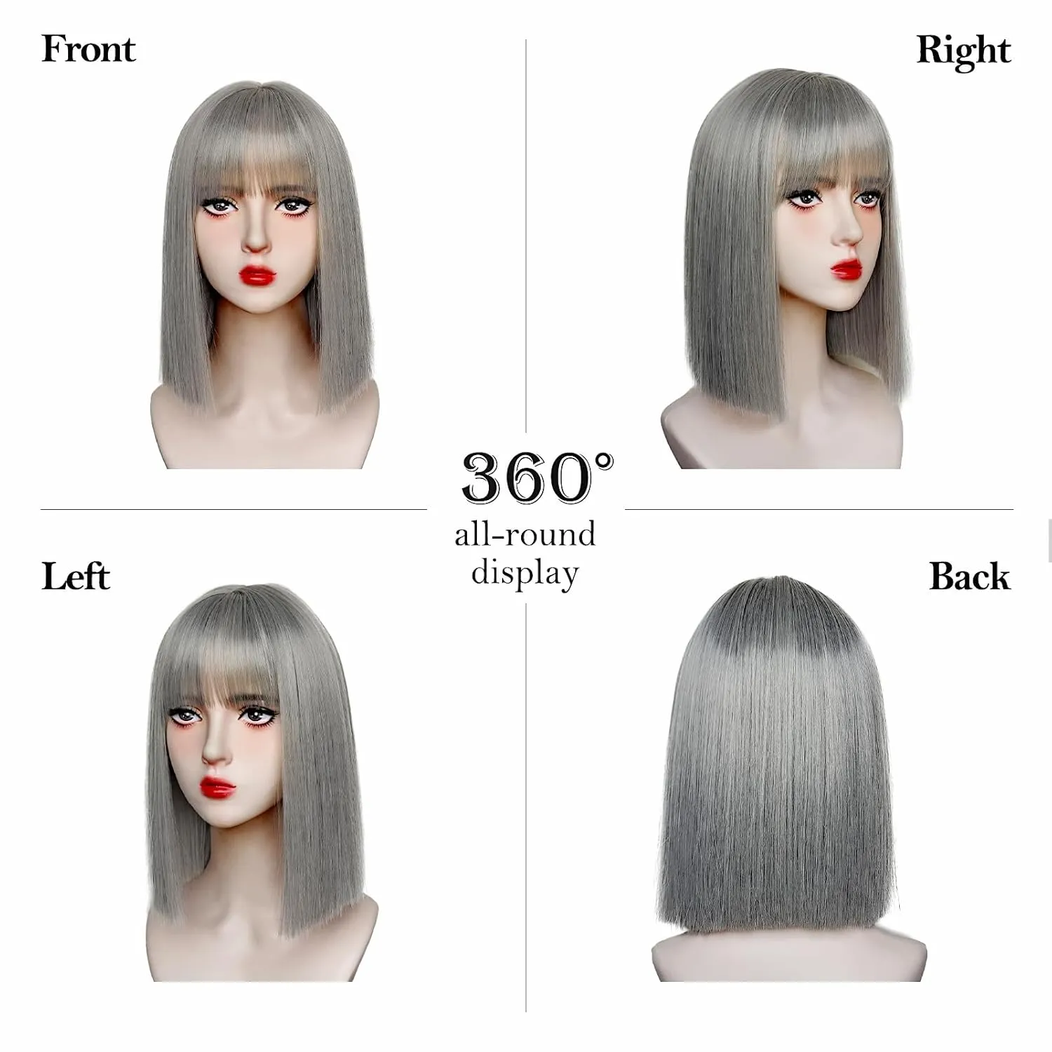 Gray Bob Wig with Bangs Short Gray Straight wig for Women Heat Resistant Synthetic Natural Hair Wig Colorful Bob Wigs for Grils Daily Party Halloween Cosplay Use 13inch