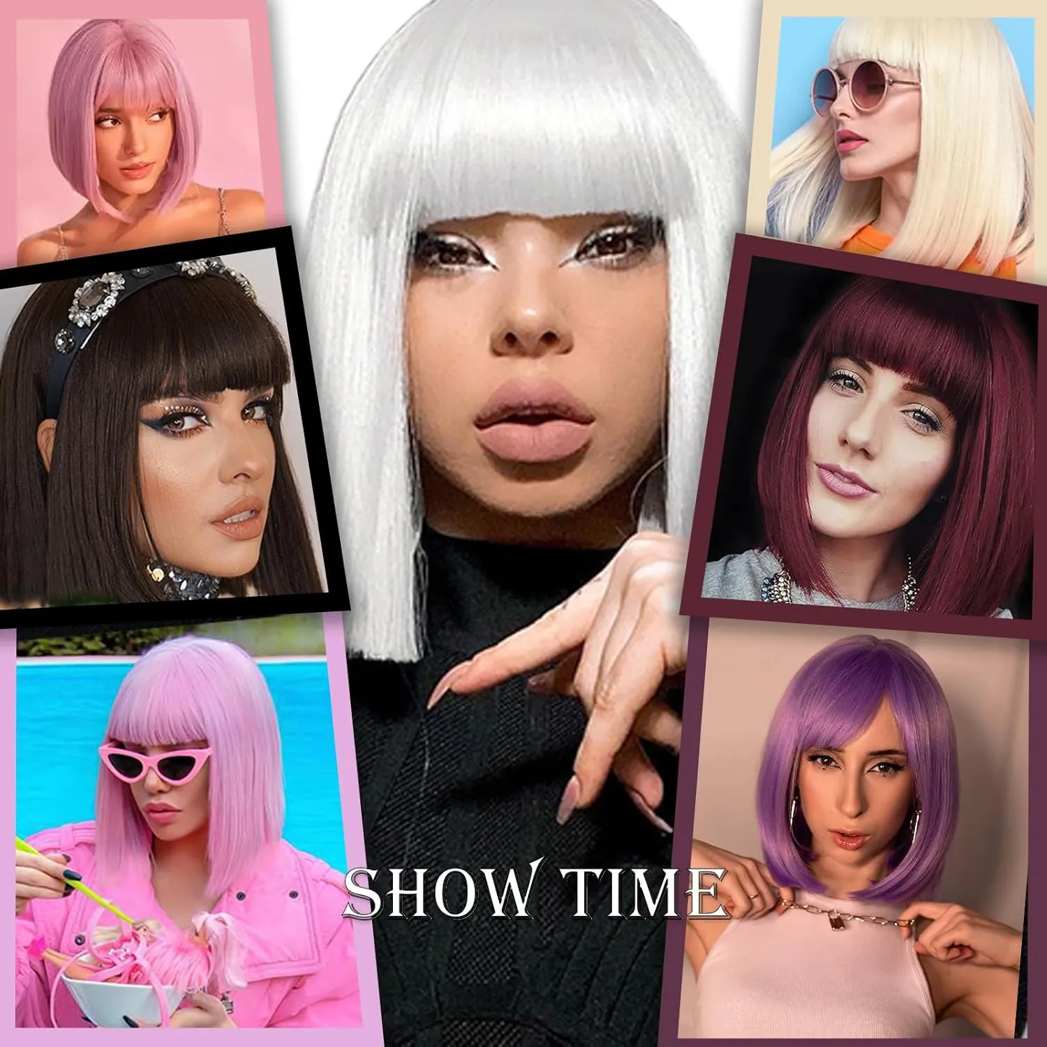 Gray Bob Wig with Bangs Short Gray Straight wig for Women Heat Resistant Synthetic Natural Hair Wig Colorful Bob Wigs for Grils Daily Party Halloween Cosplay Use 13inch