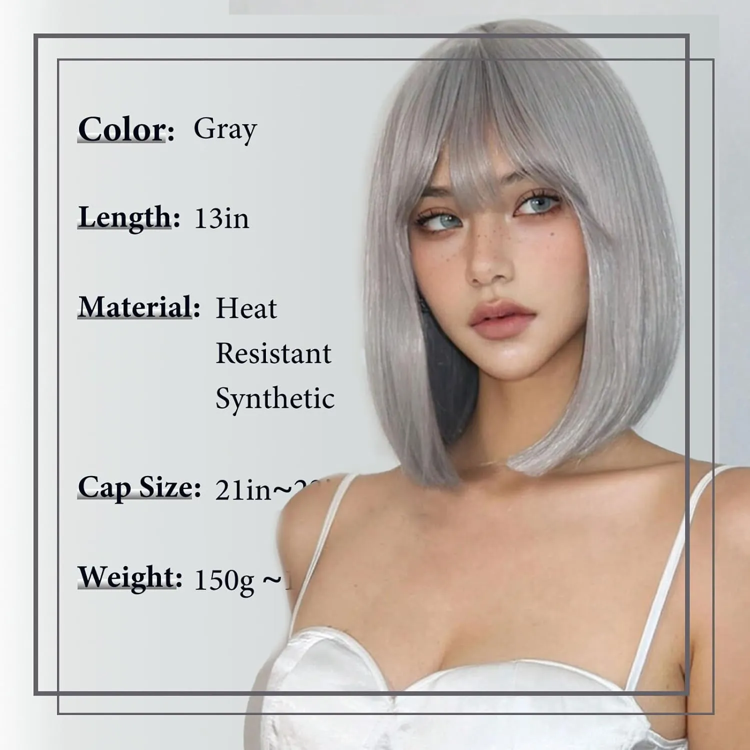 Gray Bob Wig with Bangs Short Gray Straight wig for Women Heat Resistant Synthetic Natural Hair Wig Colorful Bob Wigs for Grils Daily Party Halloween Cosplay Use 13inch