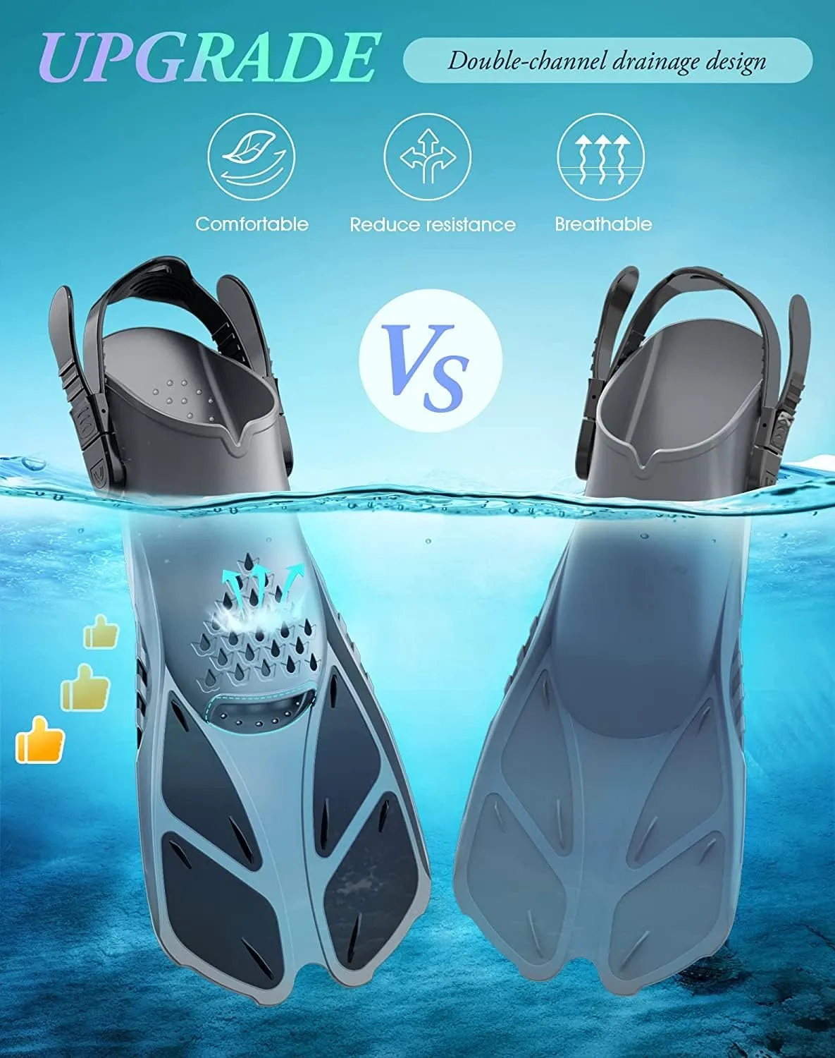 Greatever Snorkel Fins Adjustable Buckles Open Heel Swim Flippers Travel Size Short Swim Fins for Snorkeling Diving Swimming Adult Men Womens