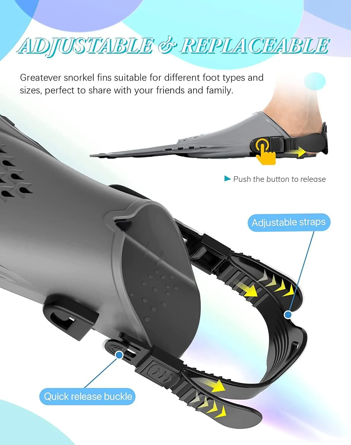 Greatever Snorkel Fins Adjustable Buckles Open Heel Swim Flippers Travel Size Short Swim Fins for Snorkeling Diving Swimming Adult Men Womens
