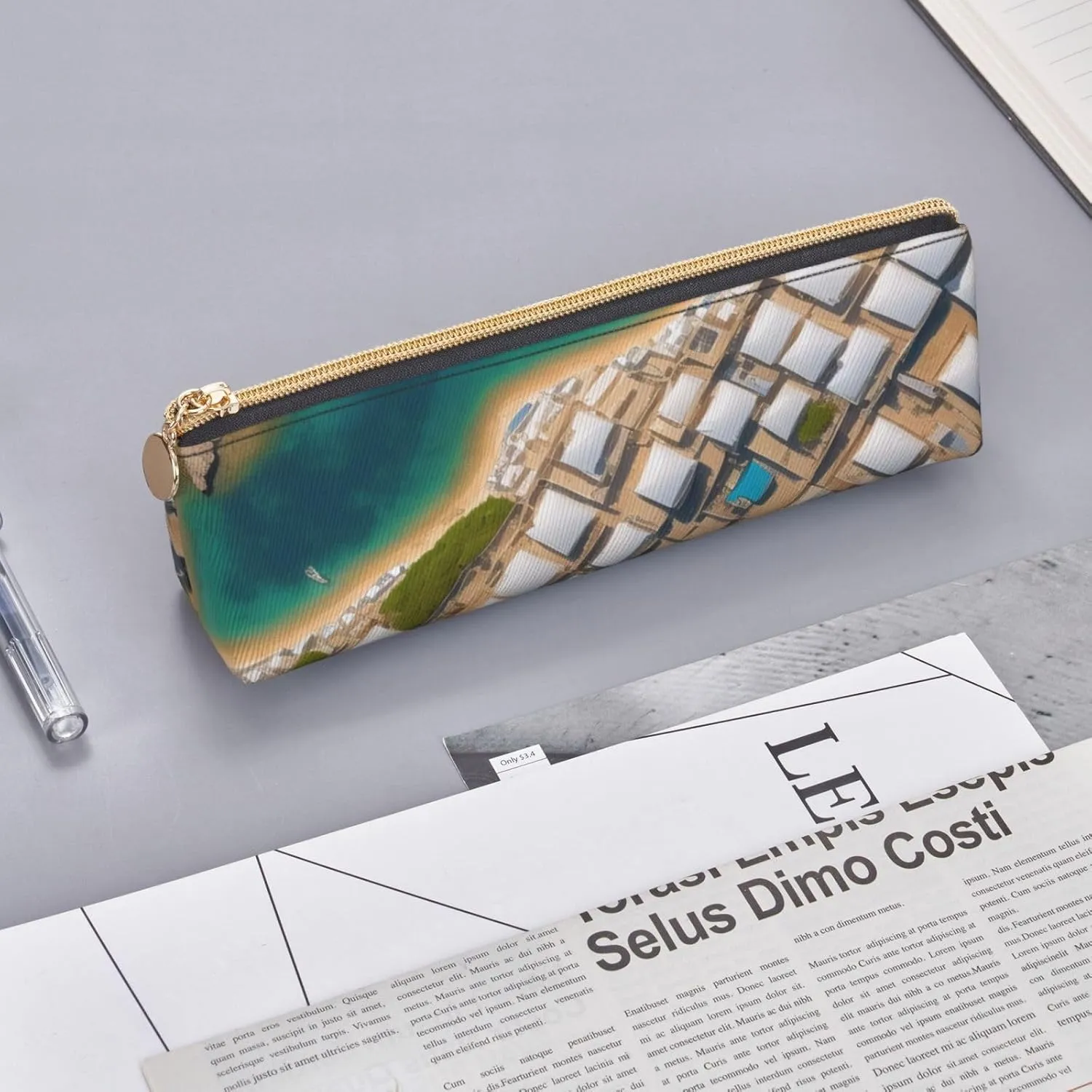 Greek Architecture Printed Patterns Pen Case Small Pencil Bag Triangle Pu Leather Pen Pouch Pen Bag Storage Bag With Zipper