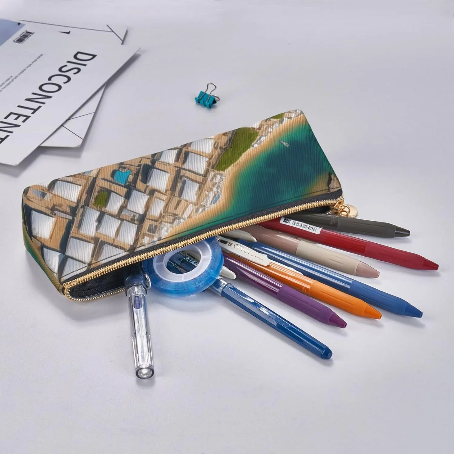 Greek Architecture Printed Patterns Pen Case Small Pencil Bag Triangle Pu Leather Pen Pouch Pen Bag Storage Bag With Zipper