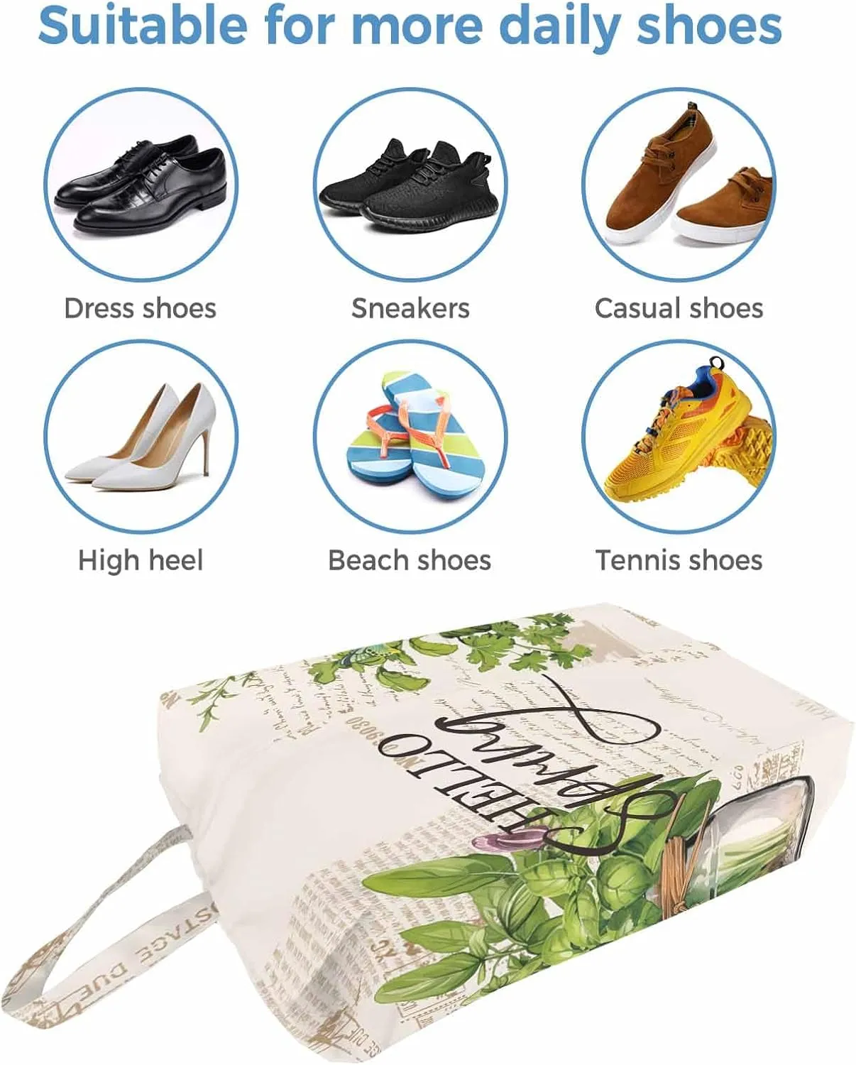 Green Botanical Leaves Shoe Bags - Large Travel Golf Shoes Pouch Bags Storage Organizer Accessories with Zipper & Handle for Men,Women,Kids,Traveling,Gym,Sport,Bottle Pastoral Country French Style
