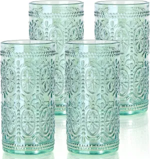 Green Drinking Glasses Set of 4, Vintage Drinking Glasses, Colored Glassware Drinking, Highball Beverage Glasses Cup, Vintage Glassware Set for Water, Juice, Cocktail, Coffee