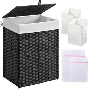 Greenstell Laundry Hamper with Lid, 90L Clothes Hamper with 2 Removable Liner Bags & 2 Mesh Laundry Bags, Handwoven Synthetic Rattan Laundry Basket for Clothes, Toys in Bathroom, Bedroom Black