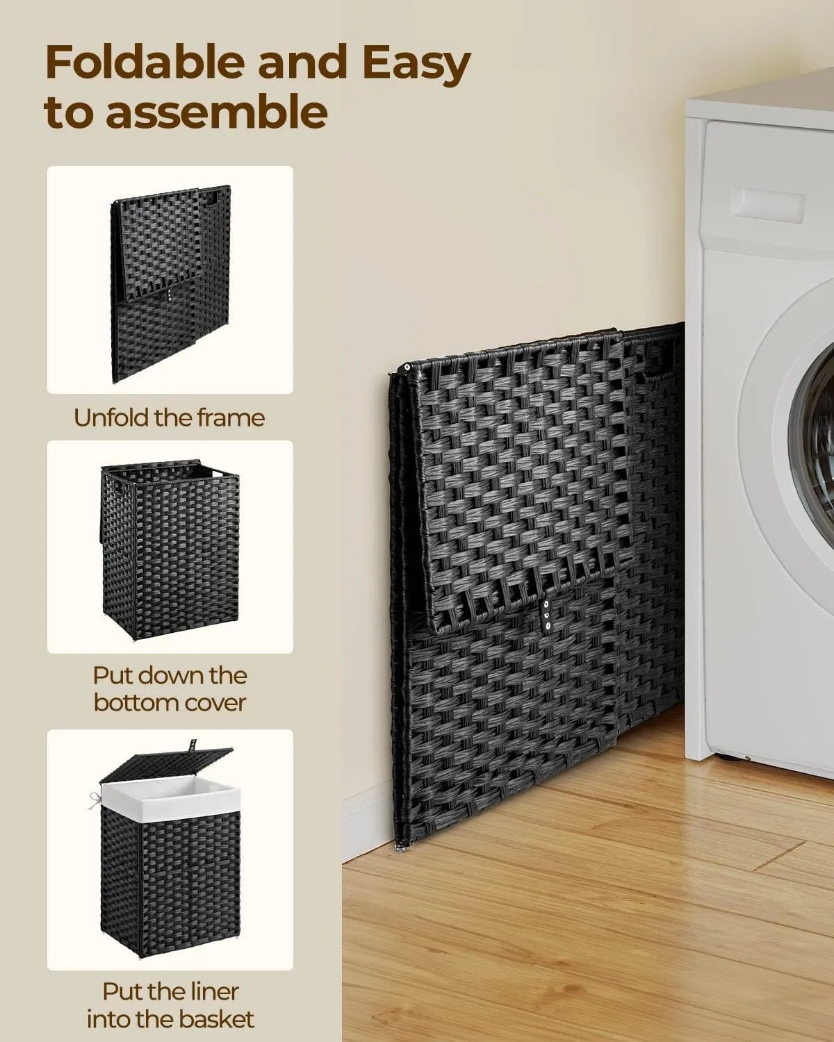Greenstell Laundry Hamper with Lid, 90L Clothes Hamper with 2 Removable Liner Bags & 2 Mesh Laundry Bags, Handwoven Synthetic Rattan Laundry Basket for Clothes, Toys in Bathroom, Bedroom Black