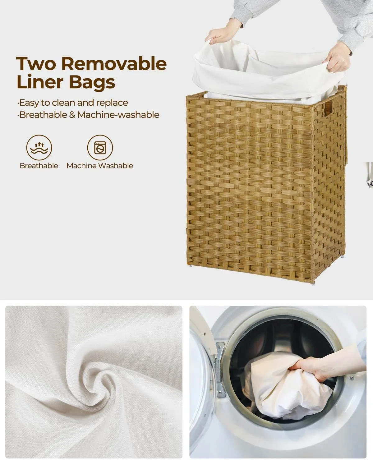GREENSTELL Laundry Hamper with Lid, 90L Clothes Hamper with 2 Removable Liner Bags & 2 Mesh Laundry Bags, Handwoven Synthetic Rattan Laundry Basket for Clothes, Toys in Bathroom, Bedroom Natural