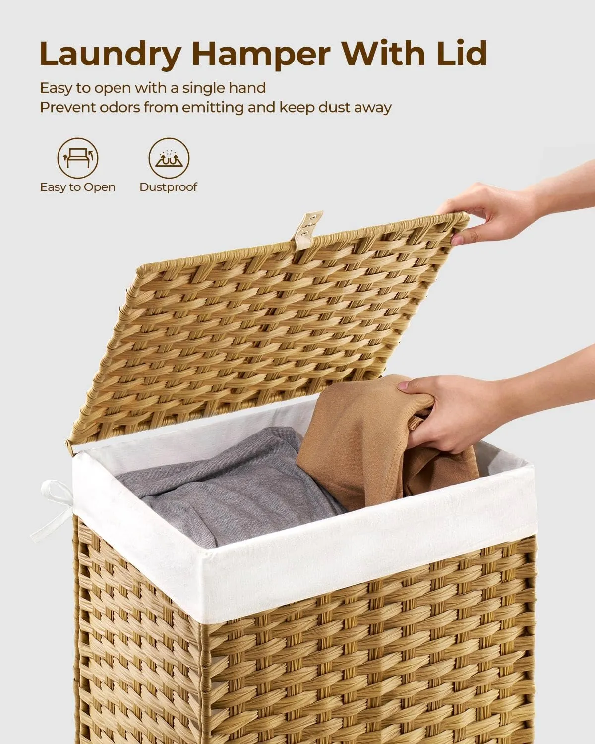 GREENSTELL Laundry Hamper with Lid, 90L Clothes Hamper with 2 Removable Liner Bags & 2 Mesh Laundry Bags, Handwoven Synthetic Rattan Laundry Basket for Clothes, Toys in Bathroom, Bedroom Natural