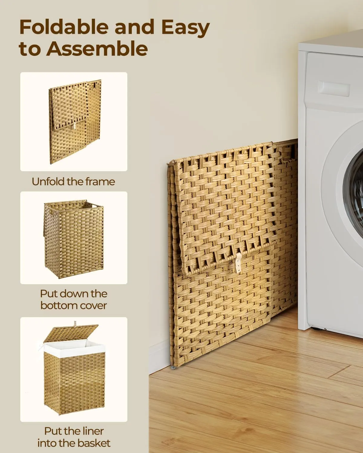 GREENSTELL Laundry Hamper with Lid, 90L Clothes Hamper with 2 Removable Liner Bags & 2 Mesh Laundry Bags, Handwoven Synthetic Rattan Laundry Basket for Clothes, Toys in Bathroom, Bedroom Natural