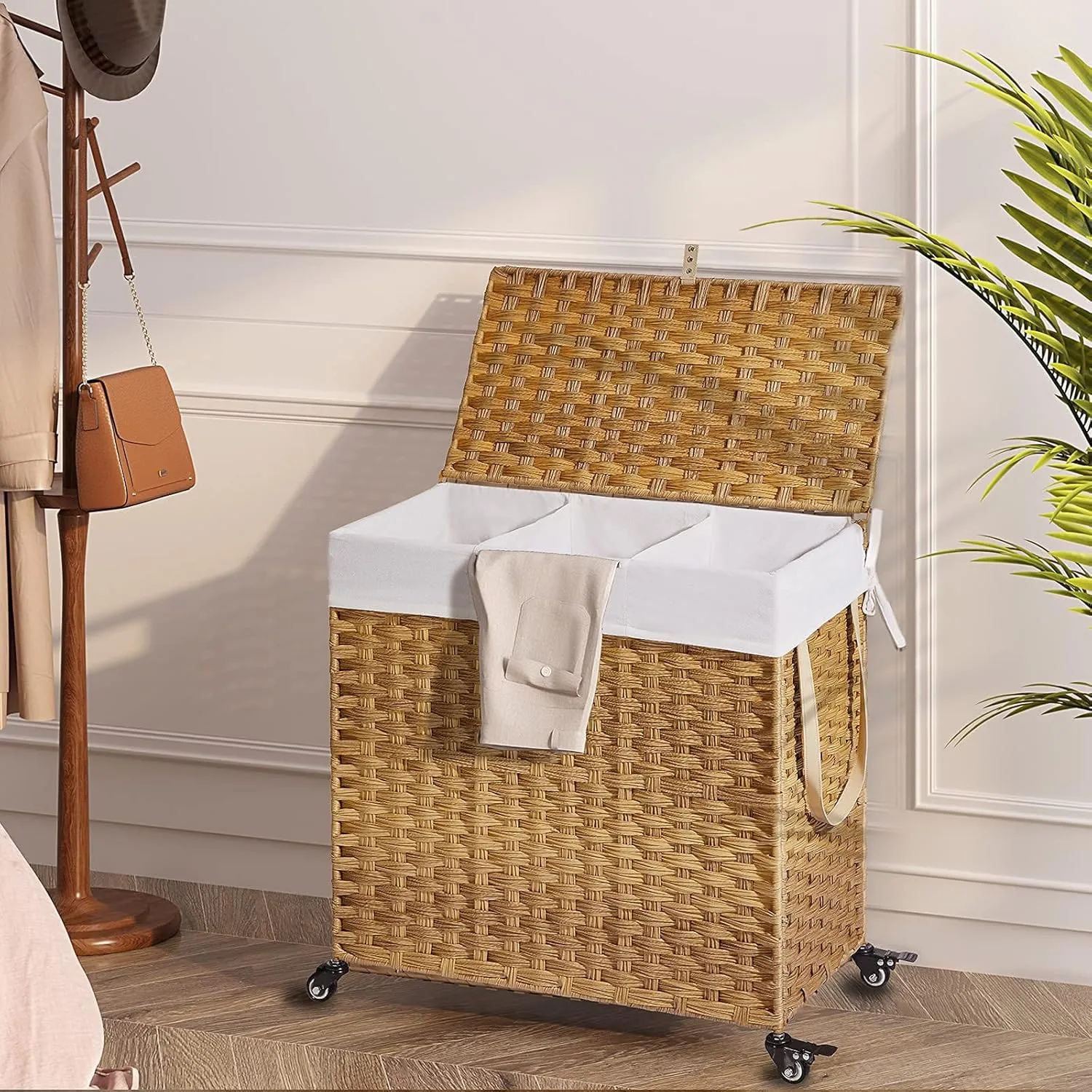 Greenstell Laundry Hamper with Wheels&Lid, 130L Large 3 Sections Clothes Hamper with 2 Types Removable Liner Bags, 5 Mesh Laundry Bags, Handwoven Divided Laundry Basket for Clothes, Natural