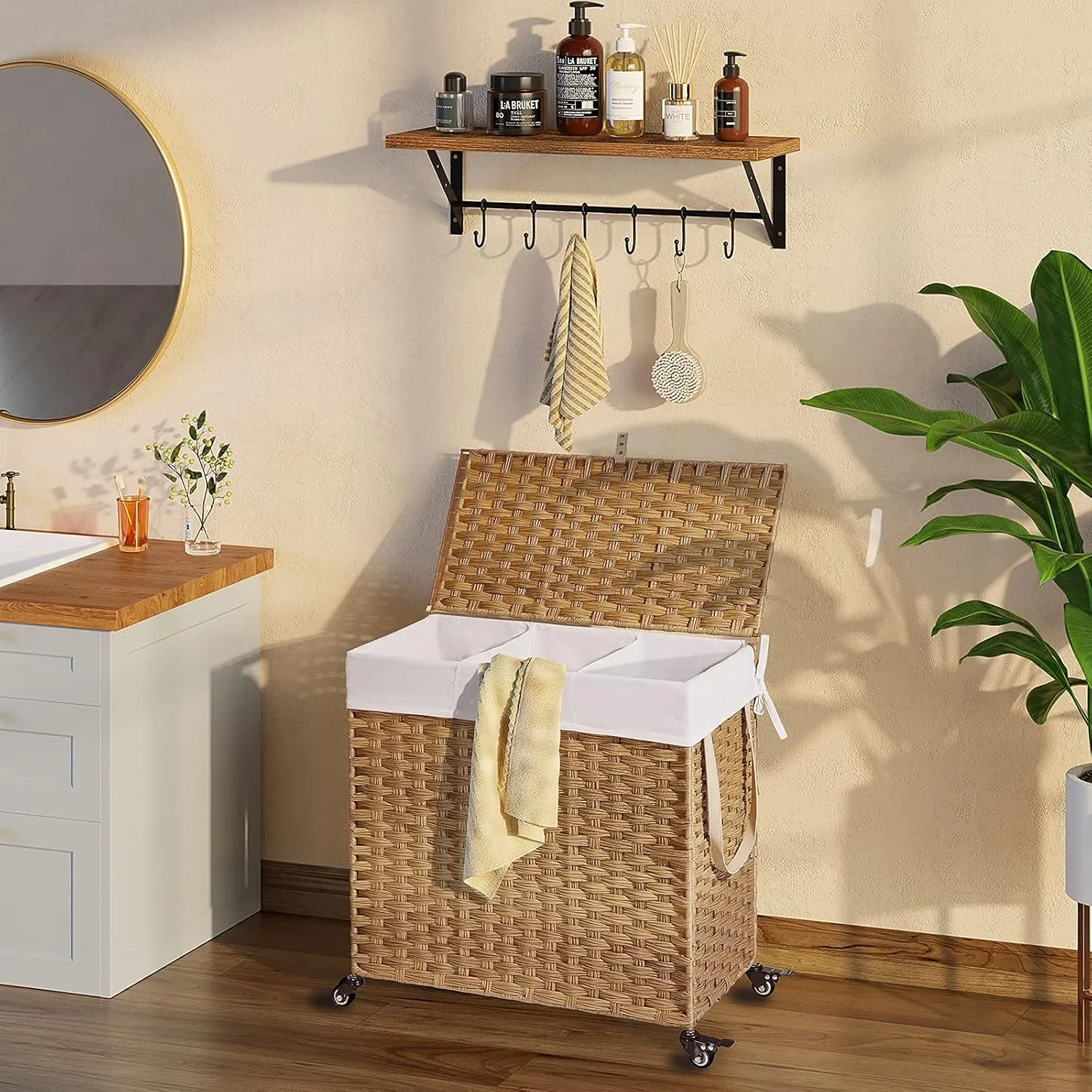 Greenstell Laundry Hamper with Wheels&Lid, 130L Large 3 Sections Clothes Hamper with 2 Types Removable Liner Bags, 5 Mesh Laundry Bags, Handwoven Divided Laundry Basket for Clothes, Natural