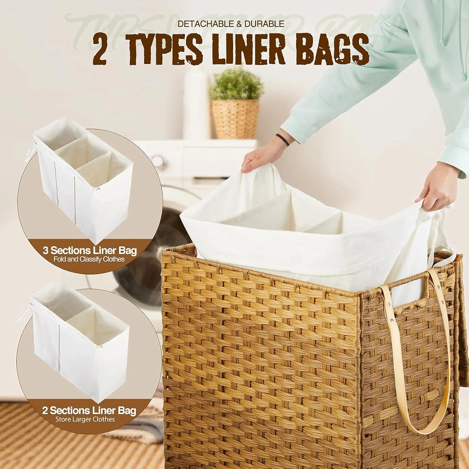 Greenstell Laundry Hamper with Wheels&Lid, 130L Large 3 Sections Clothes Hamper with 2 Types Removable Liner Bags, 5 Mesh Laundry Bags, Handwoven Divided Laundry Basket for Clothes, Natural