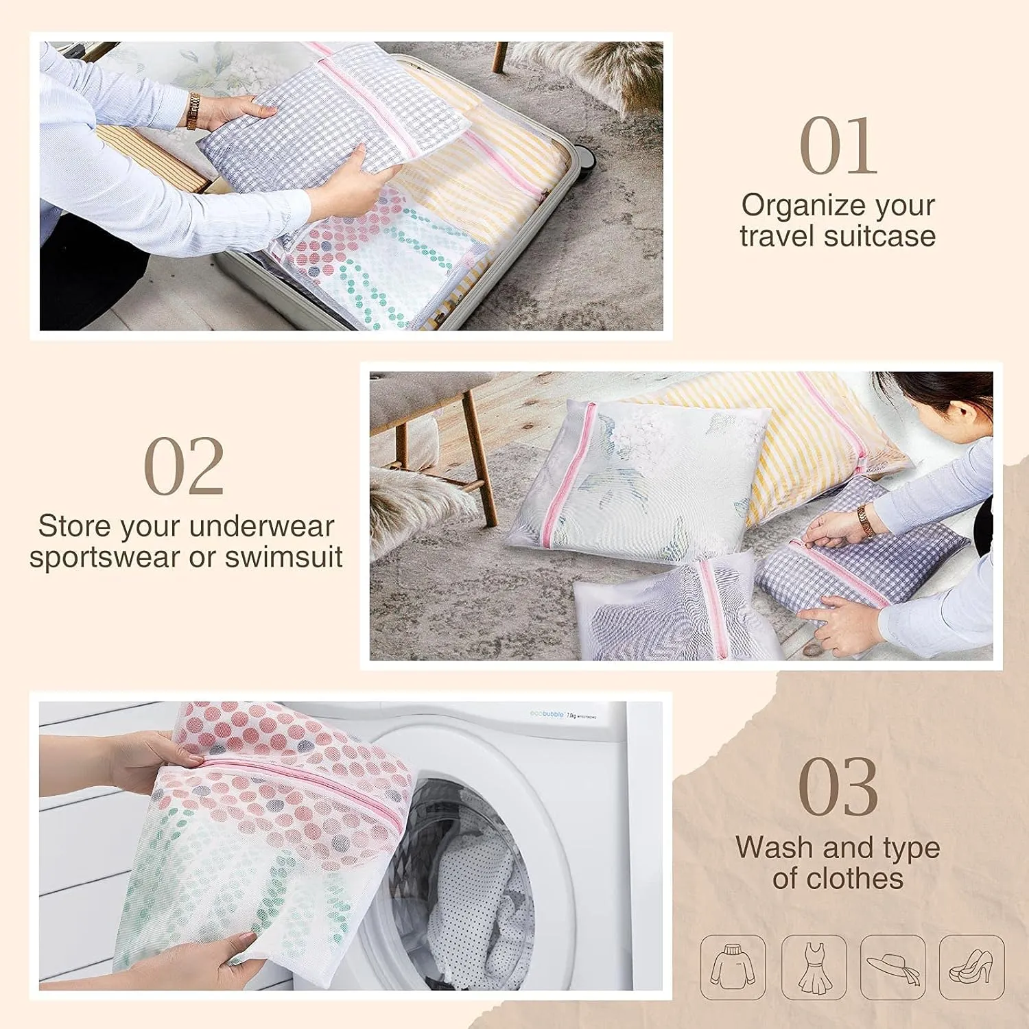 Greenstell Laundry Hamper with Wheels&Lid, 130L Large 3 Sections Clothes Hamper with 2 Types Removable Liner Bags, 5 Mesh Laundry Bags, Handwoven Divided Laundry Basket for Clothes, Natural