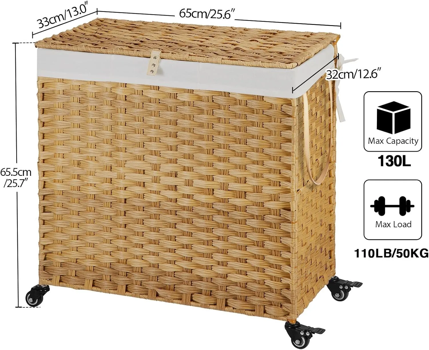 Greenstell Laundry Hamper with Wheels&Lid, 130L Large 3 Sections Clothes Hamper with 2 Types Removable Liner Bags, 5 Mesh Laundry Bags, Handwoven Divided Laundry Basket for Clothes, Natural