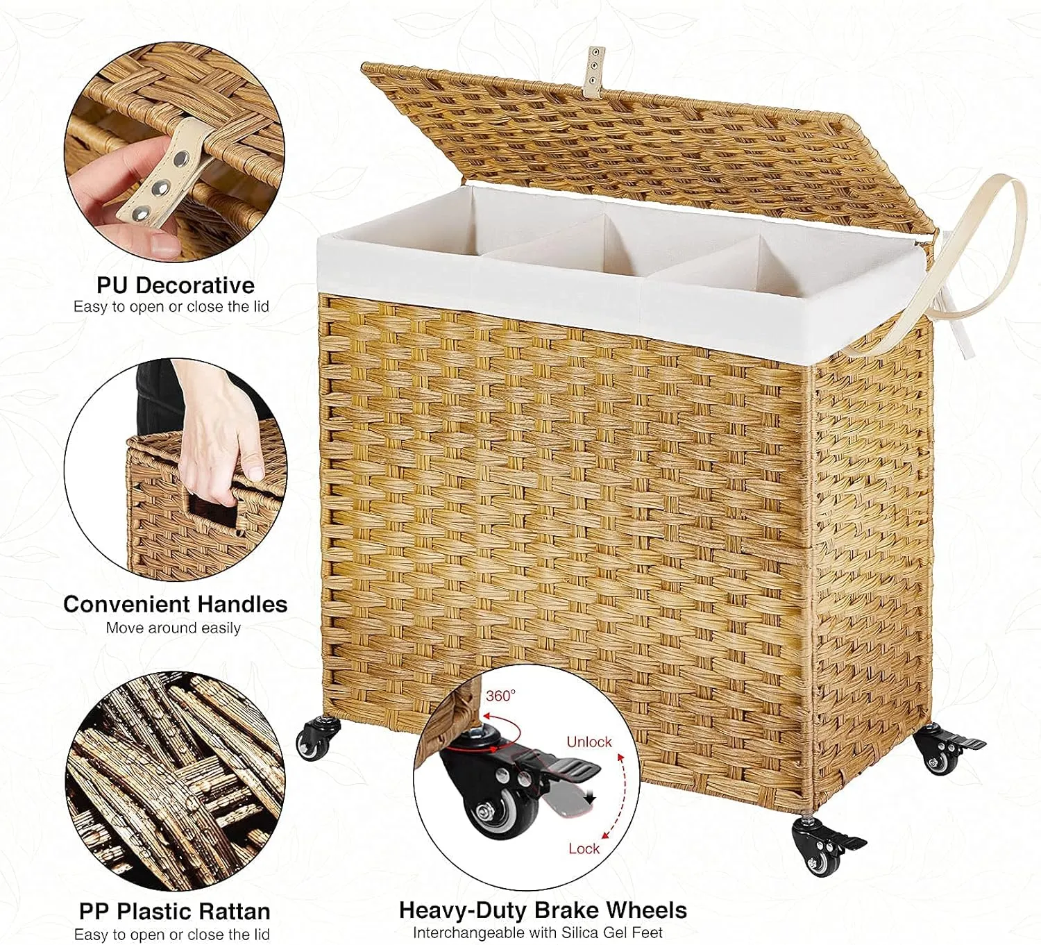 Greenstell Laundry Hamper with Wheels&Lid, 130L Large 3 Sections Clothes Hamper with 2 Types Removable Liner Bags, 5 Mesh Laundry Bags, Handwoven Divided Laundry Basket for Clothes, Natural