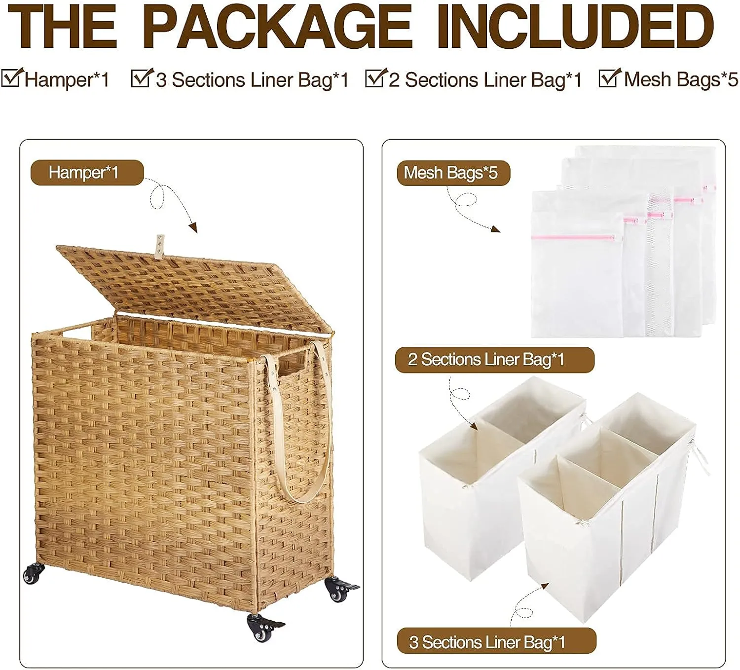 Greenstell Laundry Hamper with Wheels&Lid, 130L Large 3 Sections Clothes Hamper with 2 Types Removable Liner Bags, 5 Mesh Laundry Bags, Handwoven Divided Laundry Basket for Clothes, Natural