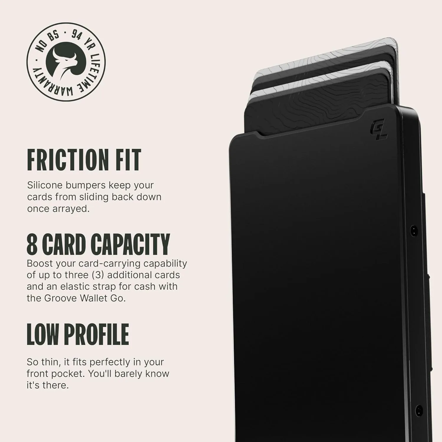 Groove Life Groove Wallet Black/Black Leather Go Mens Minimalist Aluminum Credit Card Holder, Magnetic Thumb Swipe, RFID Blocking, Magsafe, Genuine Leather Attachment, Lifetime Coverage