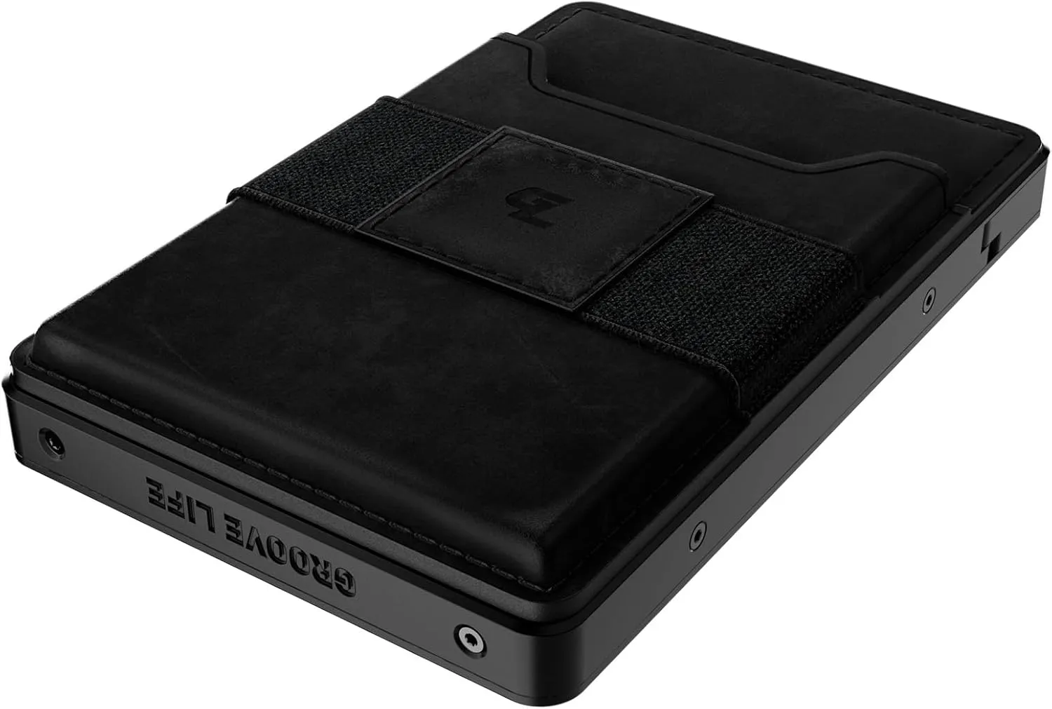 Groove Life Groove Wallet Black/Black Leather Go Mens Minimalist Aluminum Credit Card Holder, Magnetic Thumb Swipe, RFID Blocking, Magsafe, Genuine Leather Attachment, Lifetime Coverage