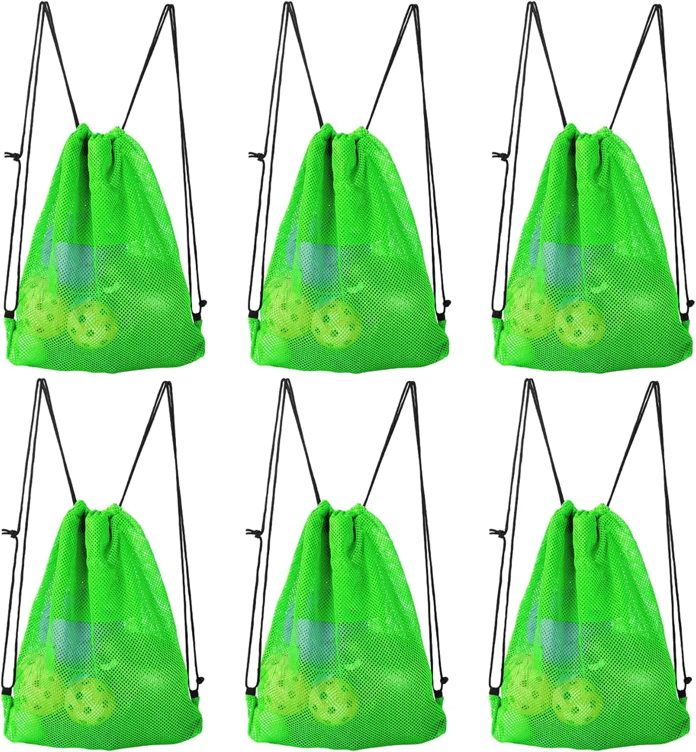 GSE Games & Sports Expert 6 Pack 19"x15" Green Mesh Drawstring Backpack Bag for Baseball, Softball, Tennis, Pickleball Ball, Golf Ball. Mesh Sports Equipment Bag with Lock for Gym, Beach, Laundry