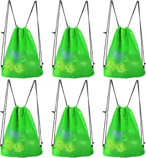 GSE Games & Sports Expert 6 Pack 19"x15" Green Mesh Drawstring Backpack Bag for Baseball, Softball, Tennis, Pickleball Ball, Golf Ball. Mesh Sports Equipment Bag with Lock for Gym, Beach, Laundry