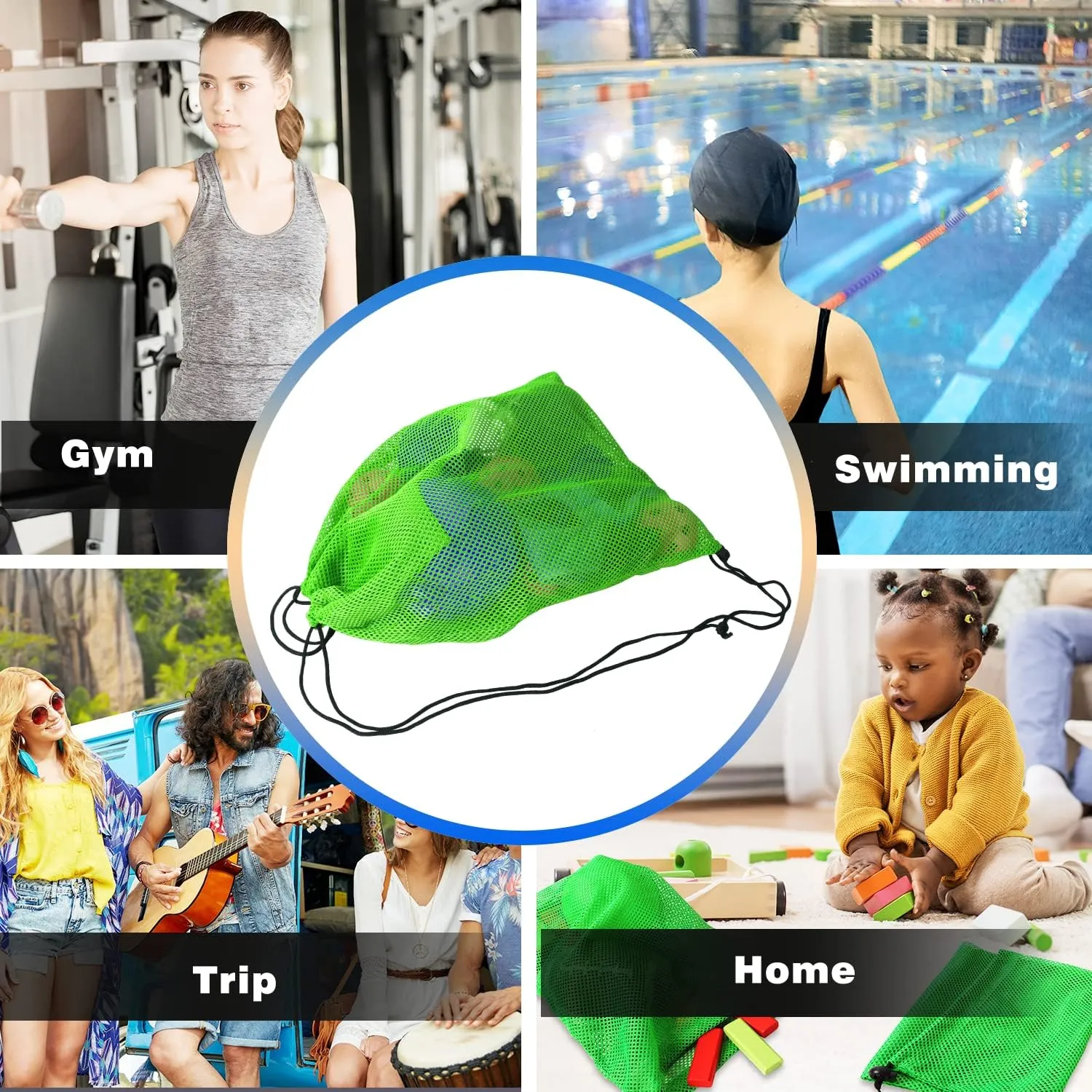 GSE Games & Sports Expert 6 Pack 19"x15" Green Mesh Drawstring Backpack Bag for Baseball, Softball, Tennis, Pickleball Ball, Golf Ball. Mesh Sports Equipment Bag with Lock for Gym, Beach, Laundry