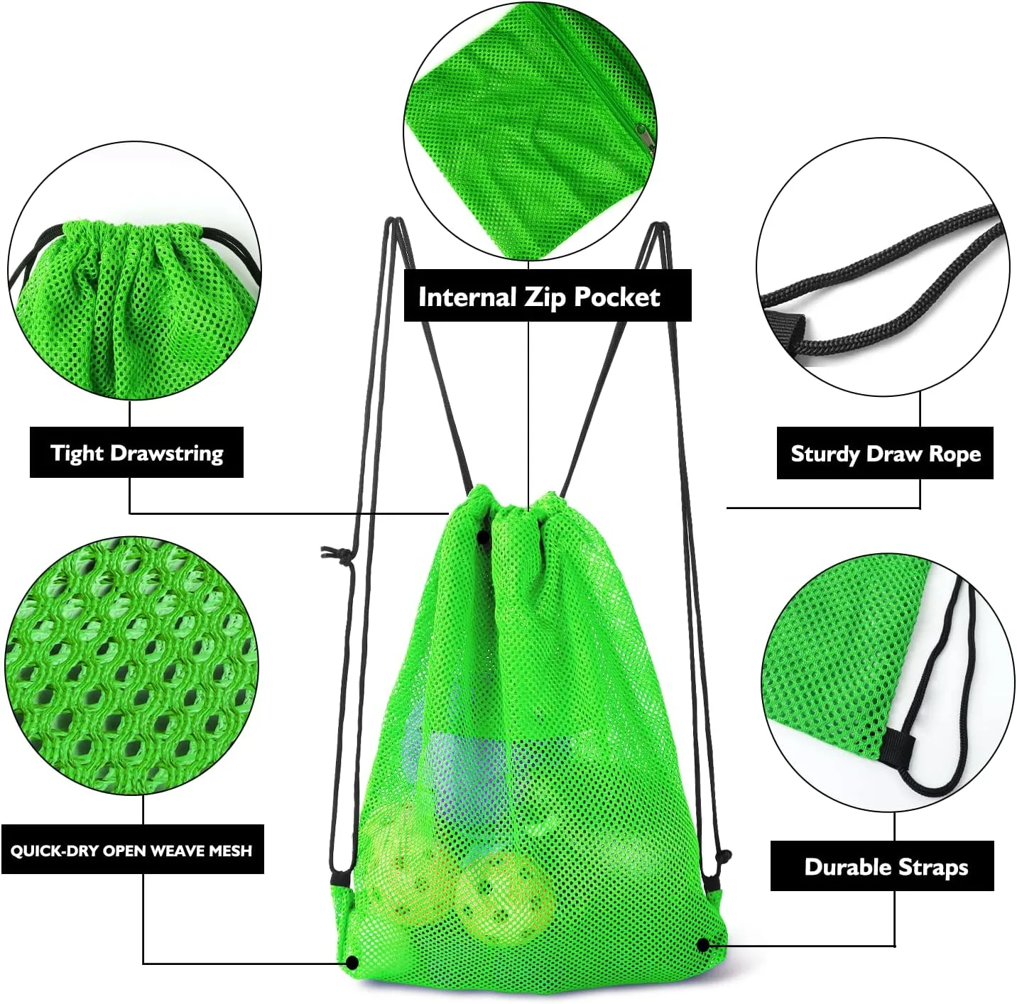 GSE Games & Sports Expert 6 Pack 19"x15" Green Mesh Drawstring Backpack Bag for Baseball, Softball, Tennis, Pickleball Ball, Golf Ball. Mesh Sports Equipment Bag with Lock for Gym, Beach, Laundry