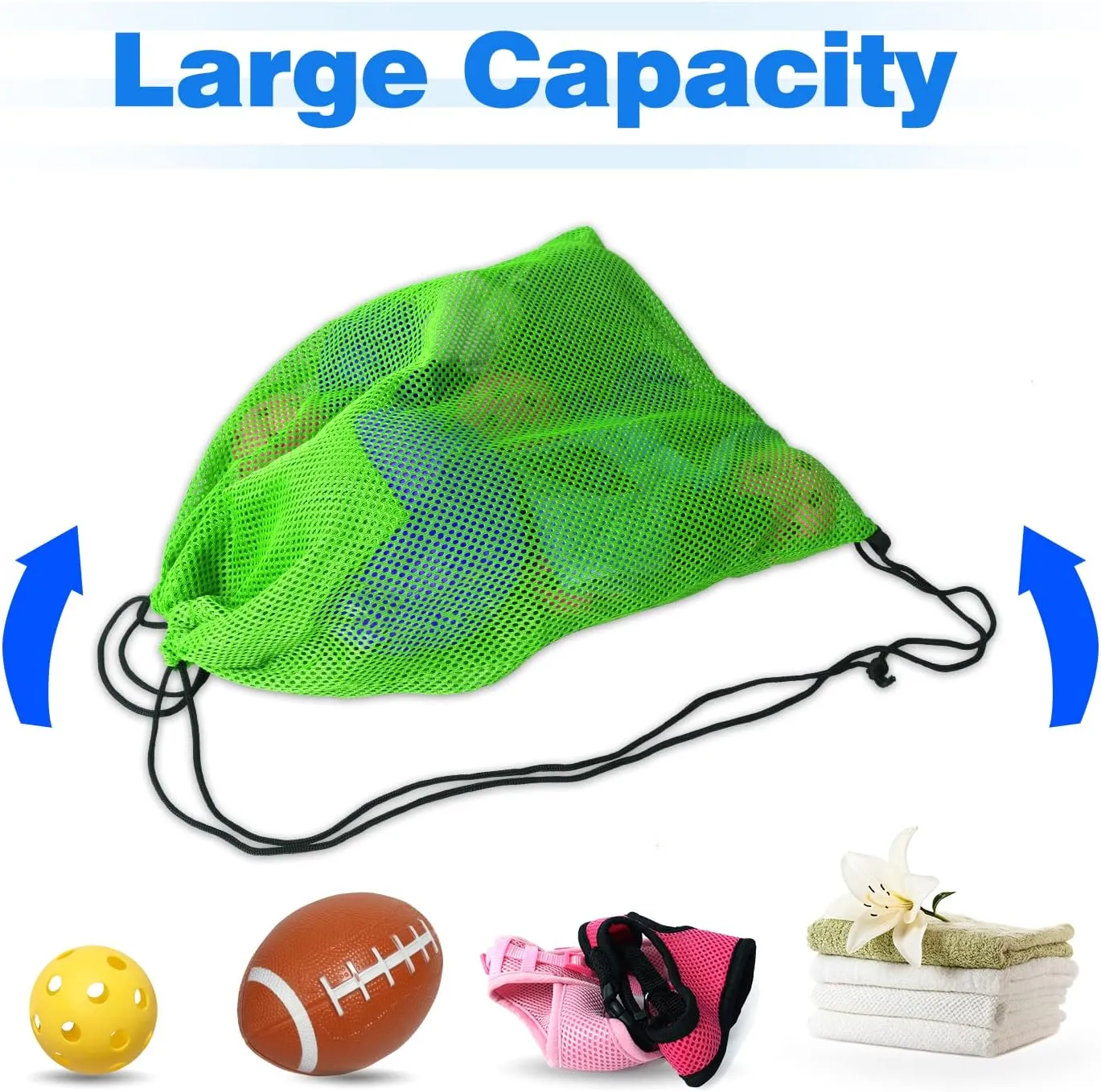 GSE Games & Sports Expert 6 Pack 19"x15" Green Mesh Drawstring Backpack Bag for Baseball, Softball, Tennis, Pickleball Ball, Golf Ball. Mesh Sports Equipment Bag with Lock for Gym, Beach, Laundry