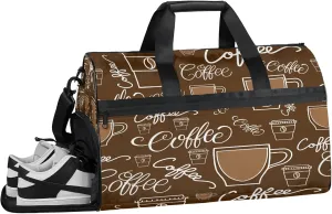Gym Bag for Women Men Brown Coffee Cup Travel Duffle Bag with Shoe Compartment Waterproof Sports Tote Bags Large Overnight Weekender Bags for Travel Swimming Gym Yoga Dance