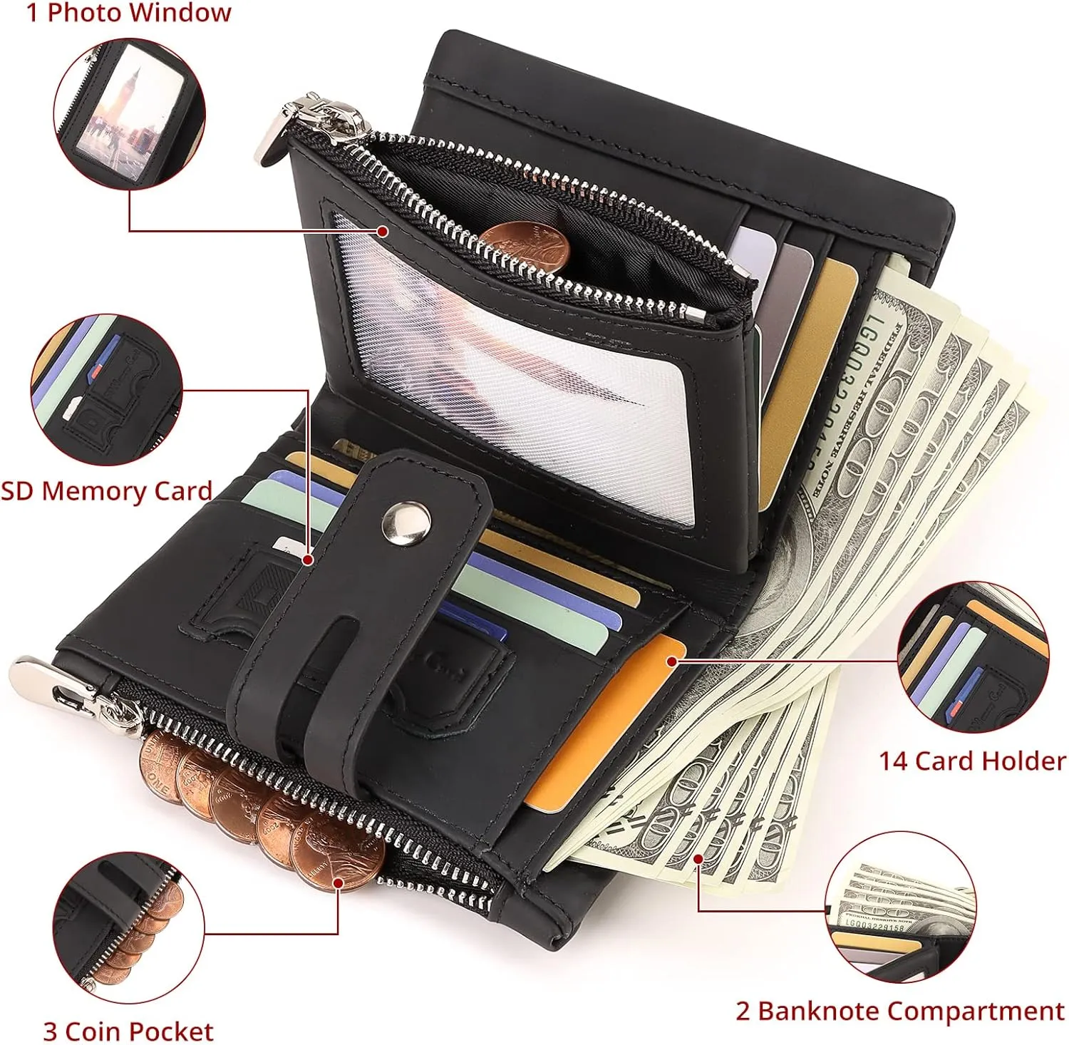 gzcz Mens Wallet with Chain RFID Blocking Genuine Leather Bifold Purse for Men with ID Window and Zip Coin Pocket