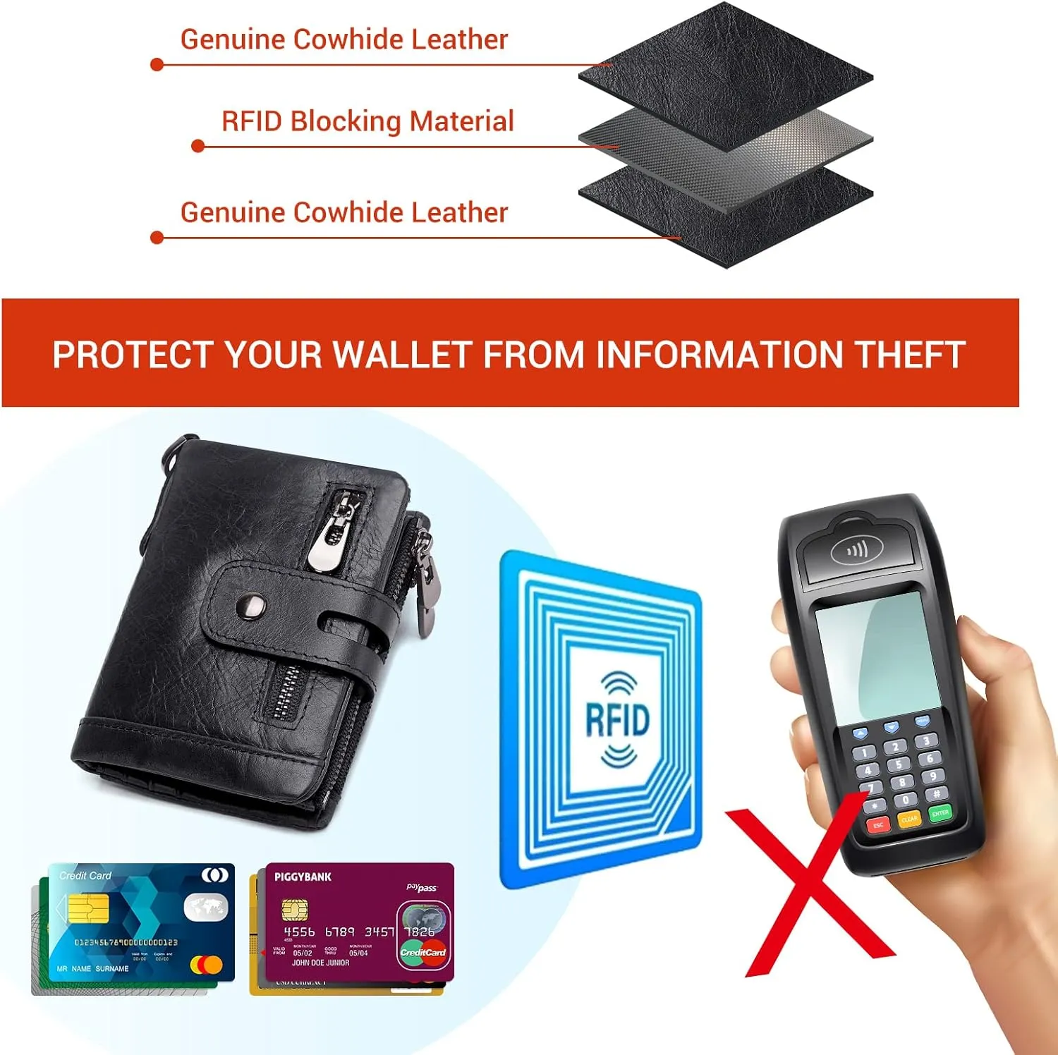 gzcz Mens Wallet with Chain RFID Blocking Genuine Leather Bifold Purse for Men with ID Window and Zip Coin Pocket