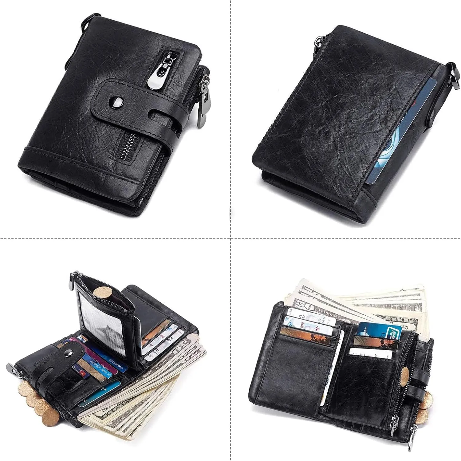 gzcz Mens Wallet with Chain RFID Blocking Genuine Leather Bifold Purse for Men with ID Window and Zip Coin Pocket