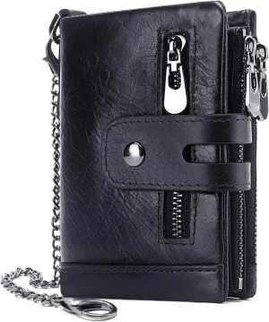 gzcz Mens Wallet with Chain RFID Blocking Genuine Leather Bifold Purse for Men with ID Window and Zip Coin Pocket