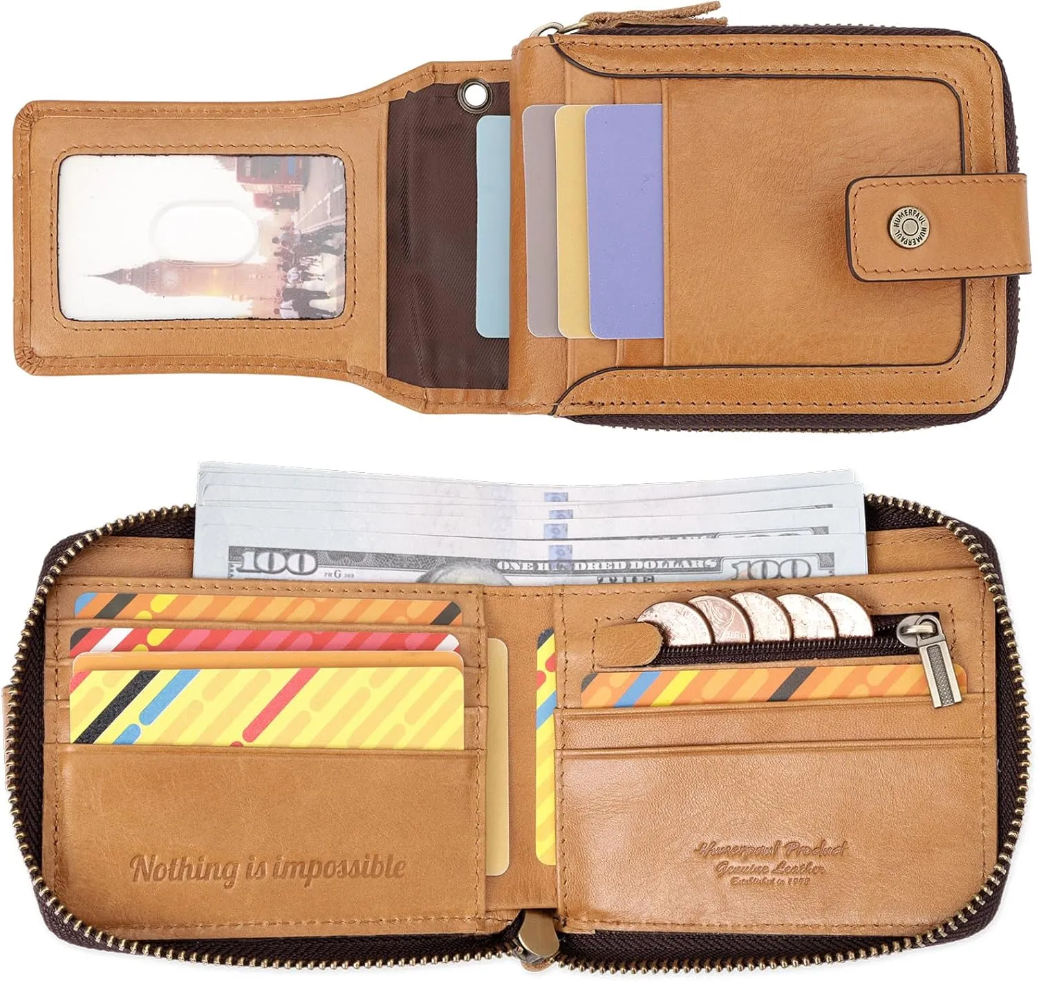 gzcz Mens Wallet with Zipper Genuine Leather Bifold Purse for Men ID Window and Zip Coin Pocket (Brown)