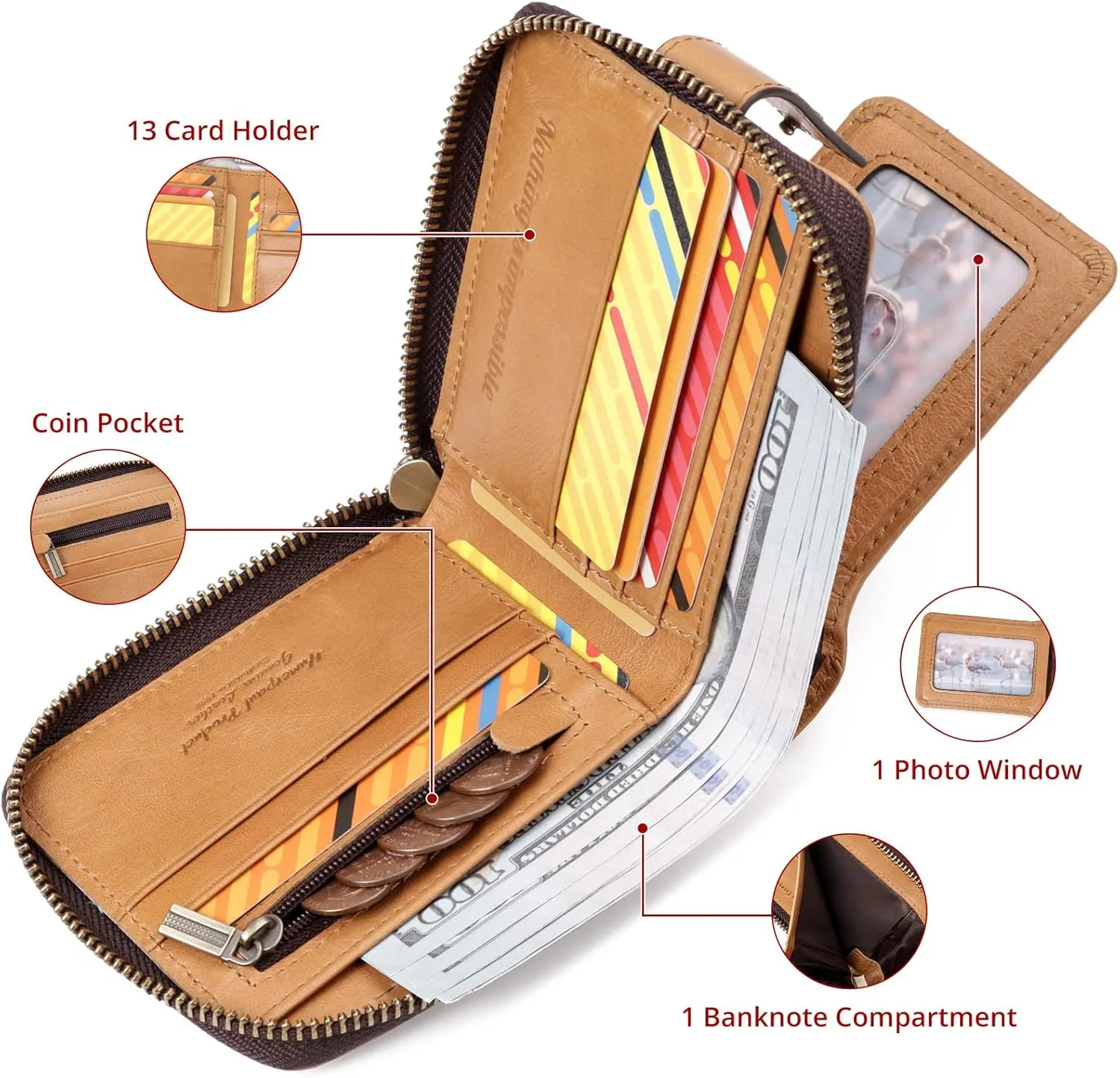 gzcz Mens Wallet with Zipper Genuine Leather Bifold Purse for Men ID Window and Zip Coin Pocket (Brown)