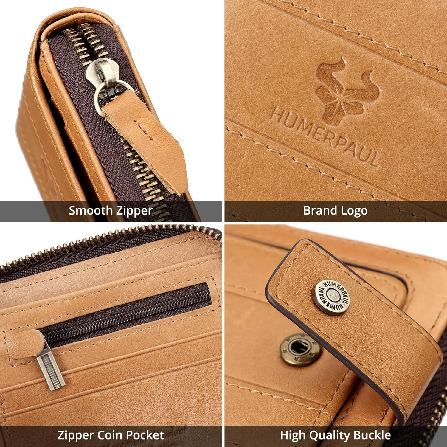 gzcz Mens Wallet with Zipper Genuine Leather Bifold Purse for Men ID Window and Zip Coin Pocket (Brown)